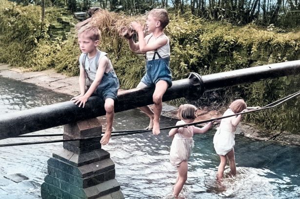 Children Playing in the River Bollin (colourised)