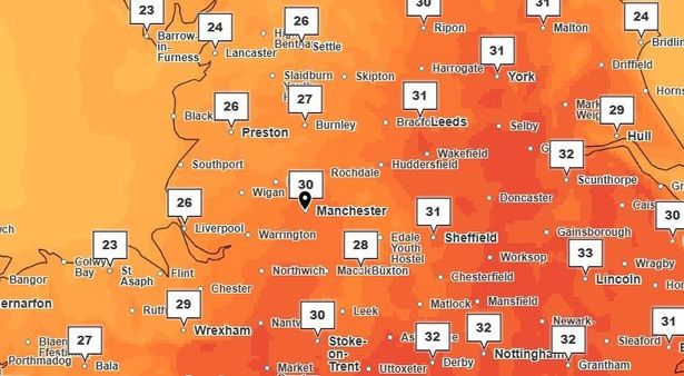 Temperatures forecast around Greater Manchester around 4pm on Monday (June 30)