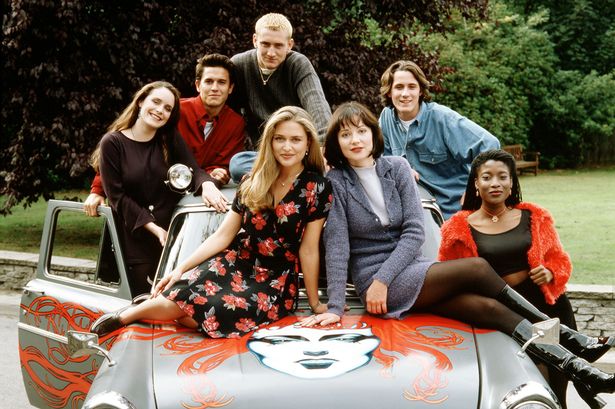 Hollyoaks, the class of 1995 (from left to right): Brett O'Brien, Jeremy Edwards, Will Mellor, Nick Pickard, Yasmin Bannerman, Lisa Williamson and Shebah Ronay