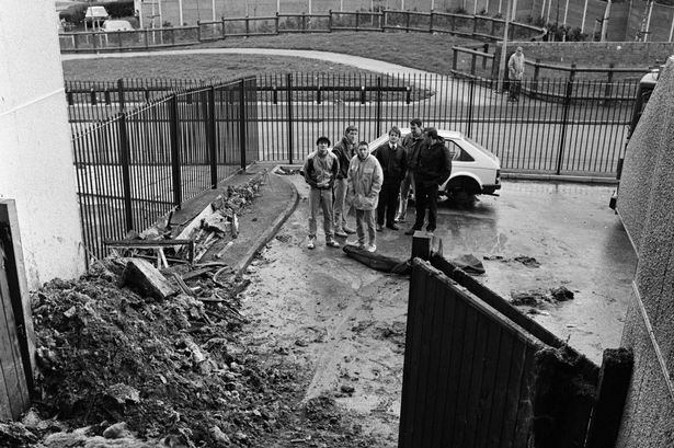 Aftermath of a fire at Knowsley Heights, Huyton, Liverpool. 5th April 1991.