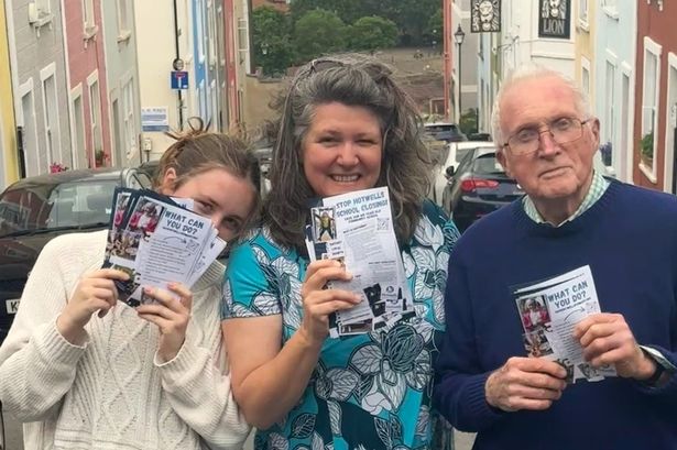 A protest outside Hotwells Primary School on Monday, June 23, 2025, against its closure and takeover by Cathedral Primary School, included broadcaster David Dimbleby, his wife Kate and former Hotwells pupil Lila Howe