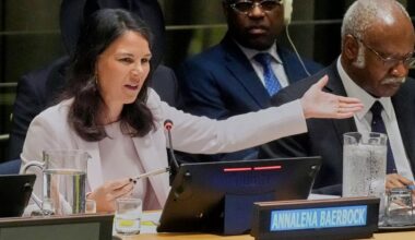 Former Germany Foreign Minister Annalena Baerbock addresses an informal interactive dialogue in the Trusteeship Council Chamber, at United Nations headquarters, May 2025.