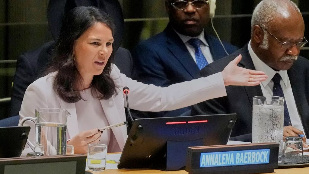 Former Germany Foreign Minister Annalena Baerbock addresses an informal interactive dialogue in the Trusteeship Council Chamber, at United Nations headquarters, May 2025.