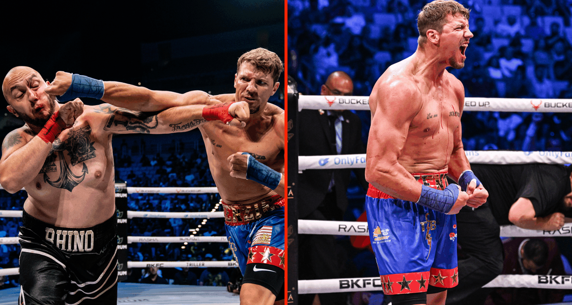 Split image of Kenzie Morrison punching Alex Davis and Kenzie Morrison at BKFC Texas