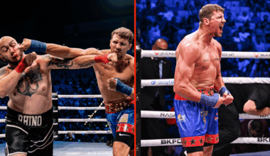 Split image of Kenzie Morrison punching Alex Davis and Kenzie Morrison at BKFC Texas