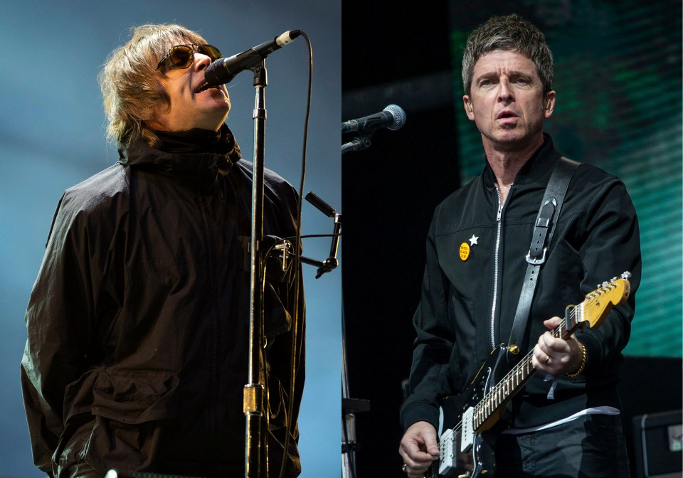 Liam and Noel Gallagher performing at music festivals.