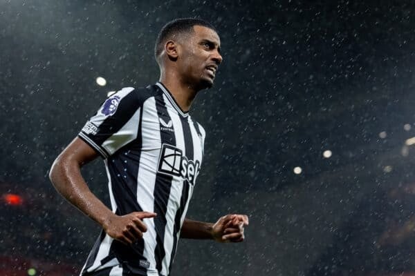 LIVERPOOL, ENGLAND - Monday, January 1, 2024: Newcastle United's Alexander Isak celebrates after scoring an equalising first goal during the FA Premier League match between Liverpool FC and Newcastle United FC on New Year's Day at Anfield. Liverpool won 4-2. (Photo by David Rawcliffe/Propaganda)