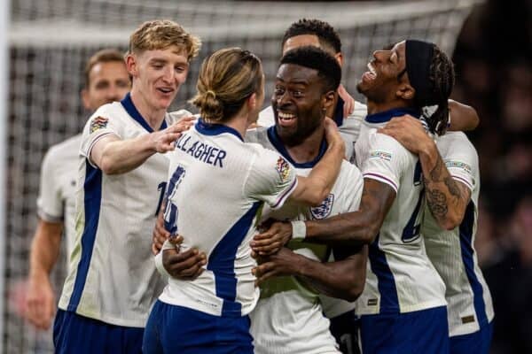 LONDON, ENGLAND - Sunday, November 17, 2024: England's Conor Gallagher (2nd from L) celebrates with team-mate Marc Guéhi (C) after scoring the third goal during the UEFA Nations League Group B2 game between England and Republic of Ireland at Wembley Stadium. England won 5-0. (Photo by David Rawcliffe/Propaganda)
