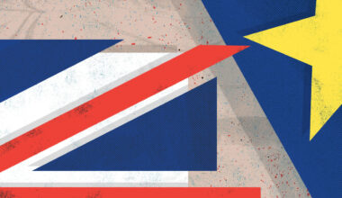 illustration showing a close-up of the Union Jack flag and a corner of the EU flag with one yellow star, positioned close to each other