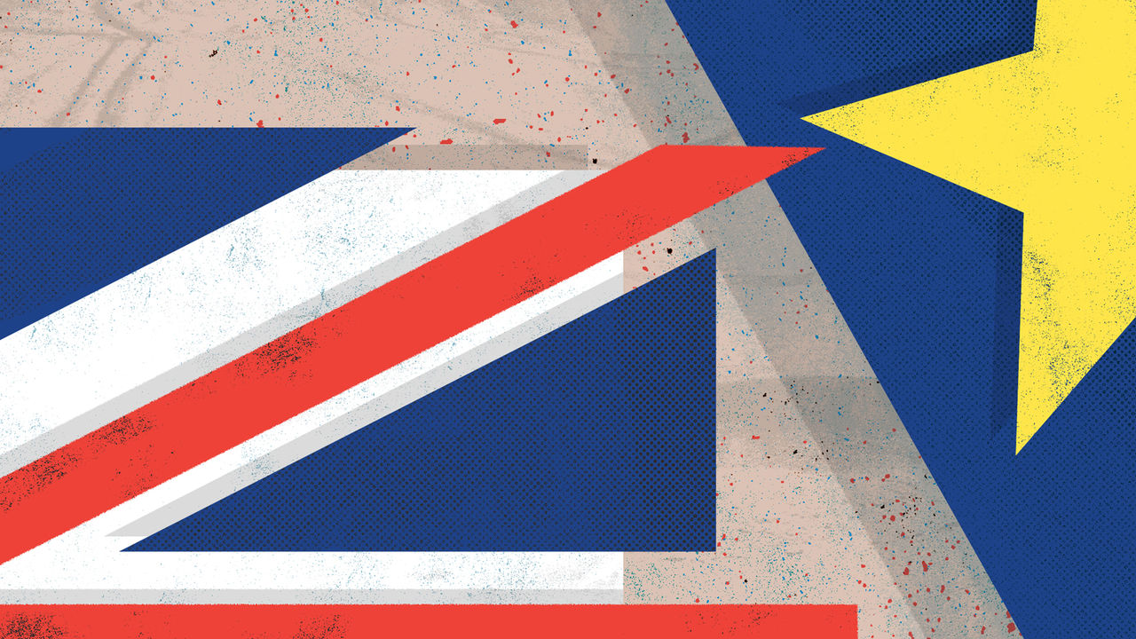 illustration showing a close-up of the Union Jack flag and a corner of the EU flag with one yellow star, positioned close to each other