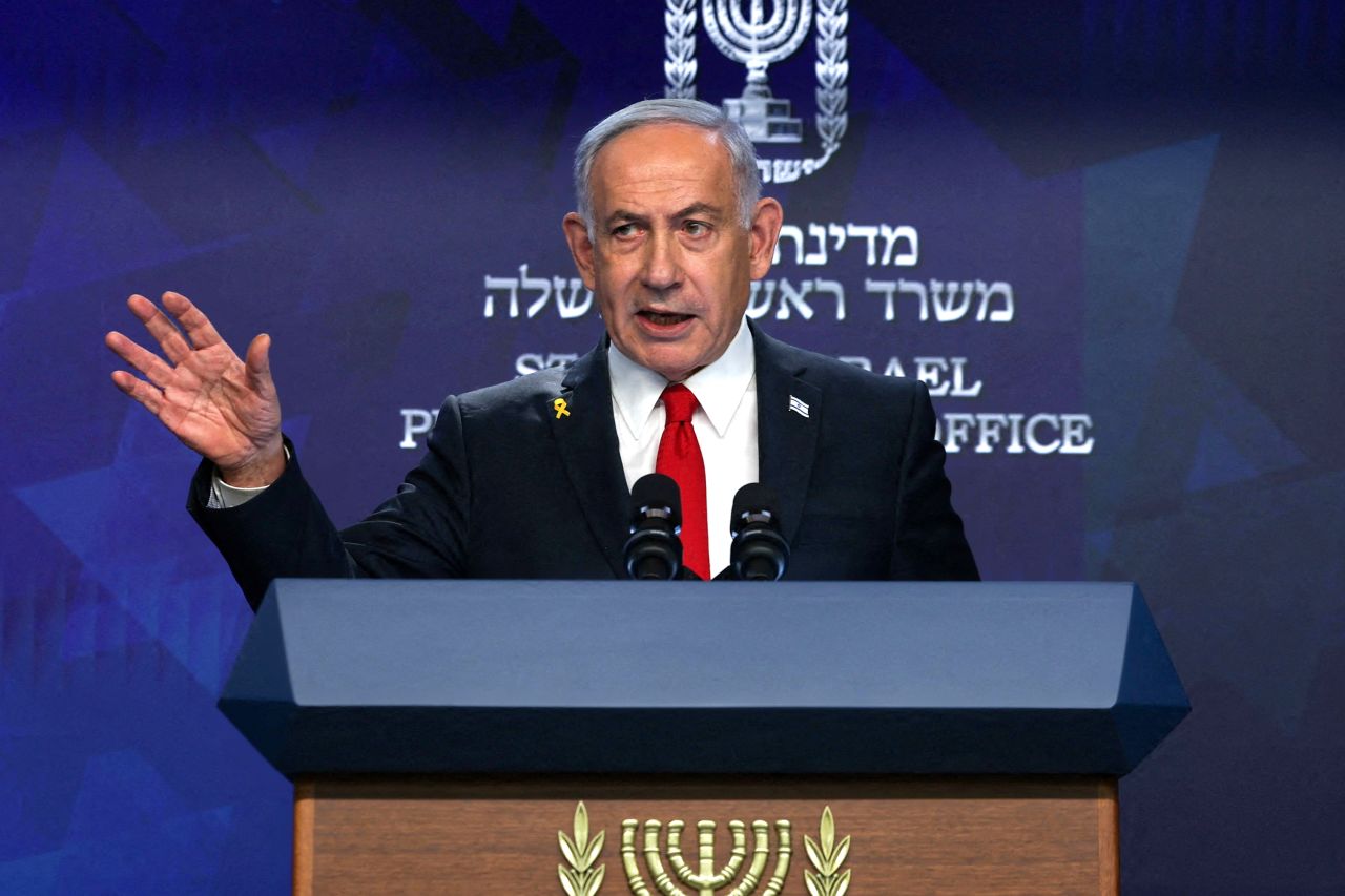 Israeli Prime Minister Benjamin Netanyahu speaks during a press conference in Jerusalem on May 21.