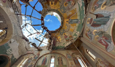 An upwards view shows a church dome damaged by Russian military strikes in the frontline town of Kostyantynivka, Donetsk region, Ukraine.