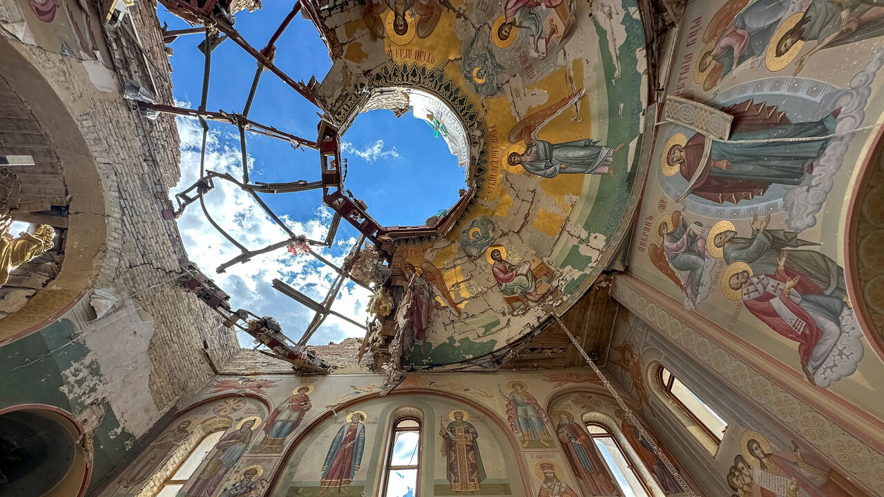An upwards view shows a church dome damaged by Russian military strikes in the frontline town of Kostyantynivka, Donetsk region, Ukraine.