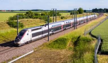 Champdeuil, France - A TGV Euroduplex inOui high speed train from french rail company SNCF is driving to Paris on the LGV Sud-Est in the countryside