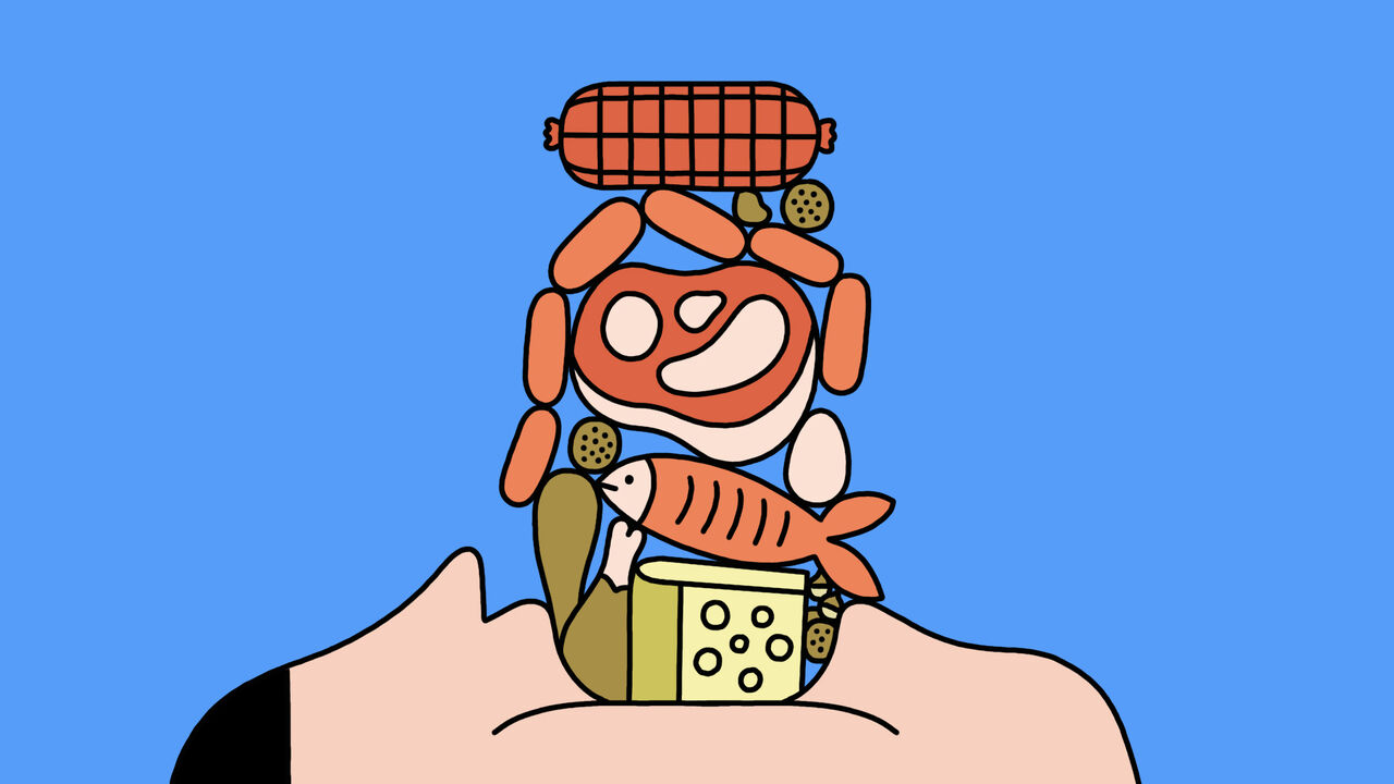 illustration of a person's face with their mouth wide open, and a tall stack of various protein-rich foods piled directly into it