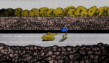 This illustration shows a tank on a road with two soldiers, while two people walk ahead carrying a European Union flag. There are trees and hills in the background.