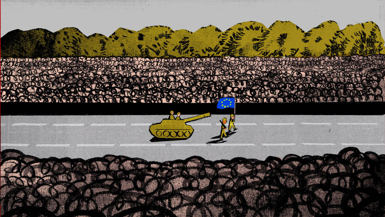 This illustration shows a tank on a road with two soldiers, while two people walk ahead carrying a European Union flag. There are trees and hills in the background.