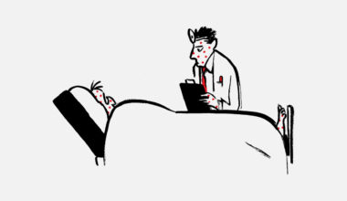 This illustration humorously depicts a doctor examining a patient in bed—both of them covered in red spots, likely indicating a contagious condition like measles or chickenpox. The irony is that the doctor, who should be diagnosing the illness, appears t