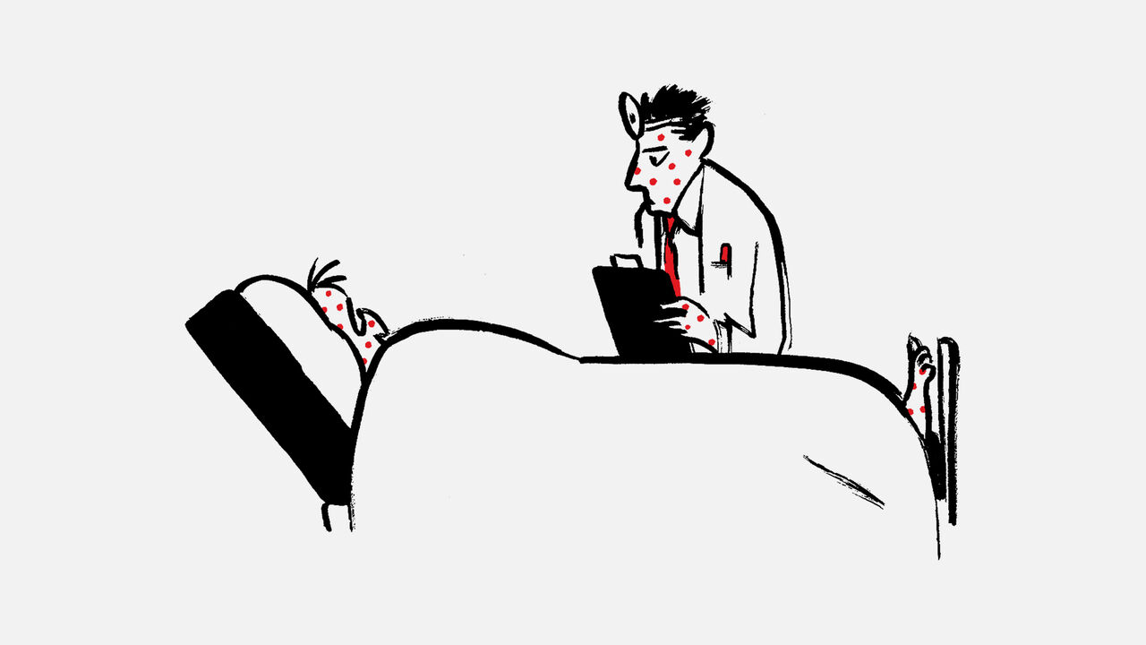 This illustration humorously depicts a doctor examining a patient in bed—both of them covered in red spots, likely indicating a contagious condition like measles or chickenpox. The irony is that the doctor, who should be diagnosing the illness, appears t