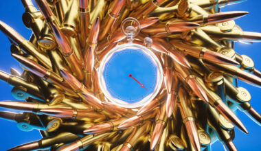 A conceptual illustration showing the link between defense and the economy: at the center, a ticking clock symbolizes urgency, while behind it, costly weapons spin like gears, emphasizing rising demands and accelerating military spending.