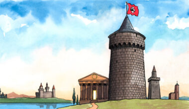 This illustration shows a tall stone tower with a red flag on top, bearing a white fist symbol. Next to it stands a classical temple-like building with columns and a glowing doorway. In the background, there’s a castle by a lake under a bright blue sky w
