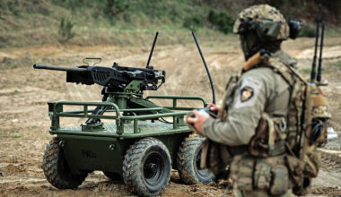 Ukrainian military control unmanned ground vehicle platform Rys Pro equipped with a remote-controlled machine-gun turret
