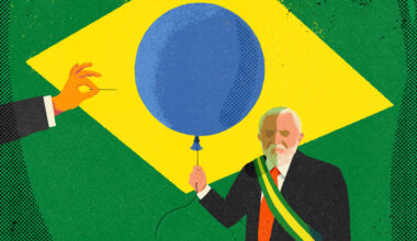 This illustration shows Luiz Inácio Lula da Silva in a suit with Brazil's presidential sash holding a large blue balloon. A hand with a pin is about to pop the balloon. The background is the Brazilian flag.