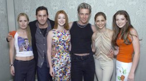 'Buffy' cast members Emma Caulfield, Nicholas Brendon, Alyson Hannigan, James Marsters, Sarah Michelle Gellar and Michelle Trachtenberg at the UPN sessions of the Television Critics Association summer press tour at the Ritz Carlton Hotel in 2001.
