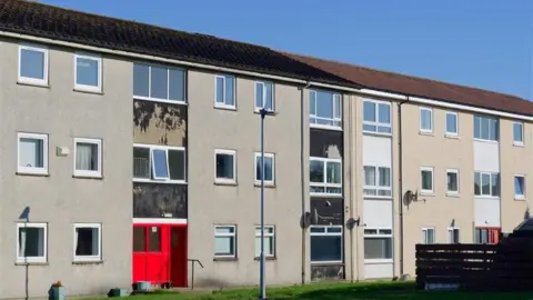 Getty Images A block of flats in an urban setting. They are mostly grey with some white window columns and one has a red door. There is a patch of grass and a lamppost in front of the flats.