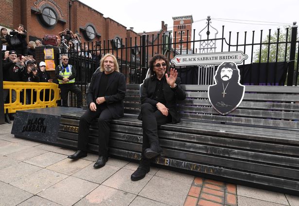 Tony Iommi and Geezer Butler from Black Sabbath unveil the bridge and bench on Broad Street