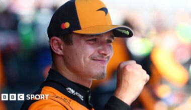 Lando Norris clenches his right fist in celebration after winning the Austrian Grand Prix