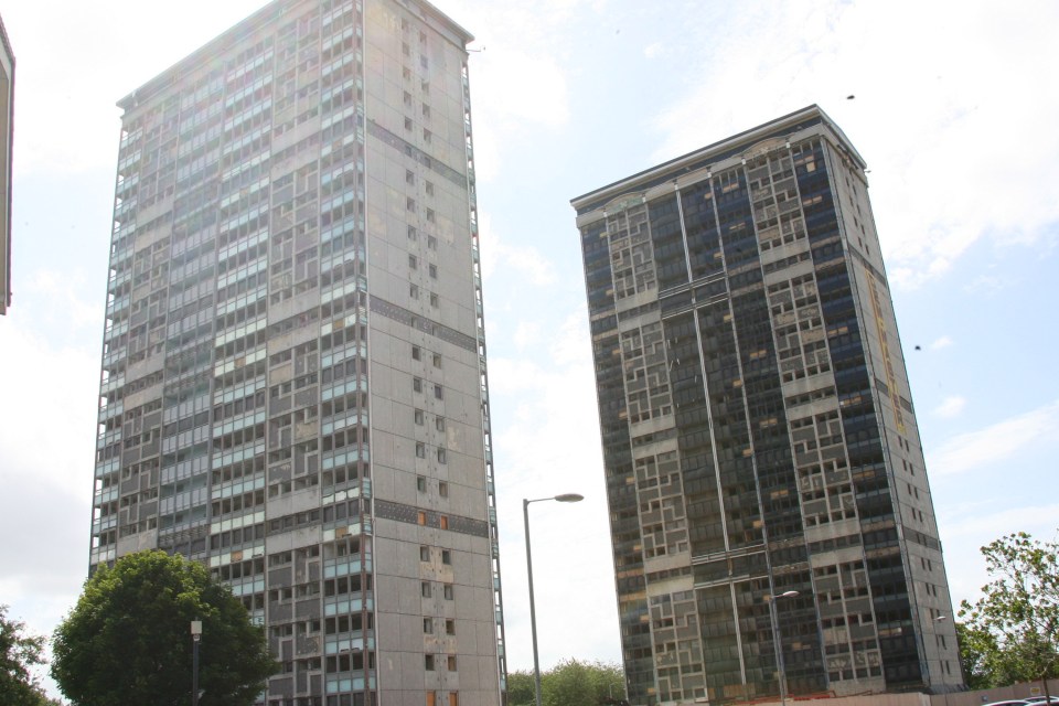 Two tower blocks slated for demolition in Glasgow, Scotland.