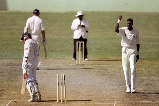 Legendary West Indian fast bowler Curtly Ambrose celebrates one of the 405 Test wickets he took.