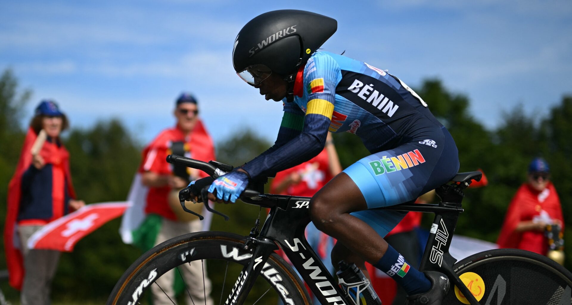 Benin's Hermione Ahouissou competes in the women's Elite Individual Time Trial cycling event at the 2024 UCI World Championships