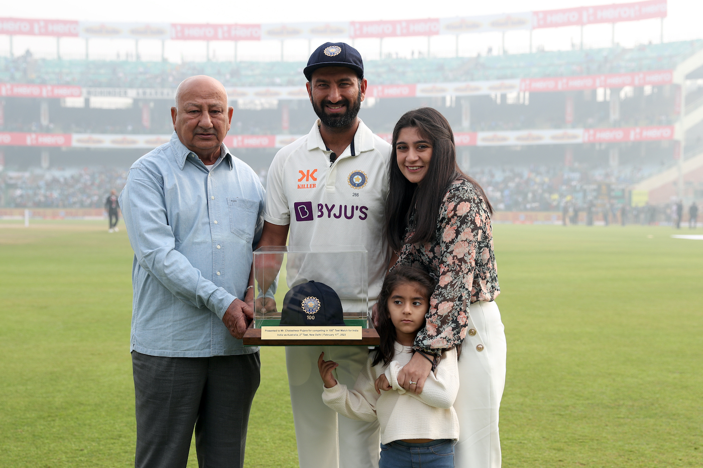 Pujara with his father, Arvind, and Puja and Aditi at his 100th Test, in Delhi, 2023