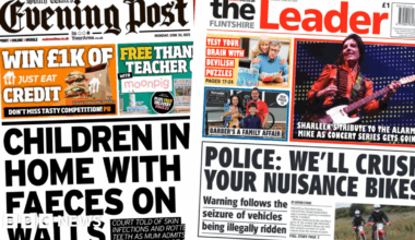 The Flintshire Leader newspaper front page shows main headline next to a photo of two people on motorbikes wearing helmets: 'Police: We'll crush your nuisance bikes'. Other headlines on the front page are: 'Sharleen's tribute to the Alarm's Mike as concert series gets along' and 'Barber's a family affair'.