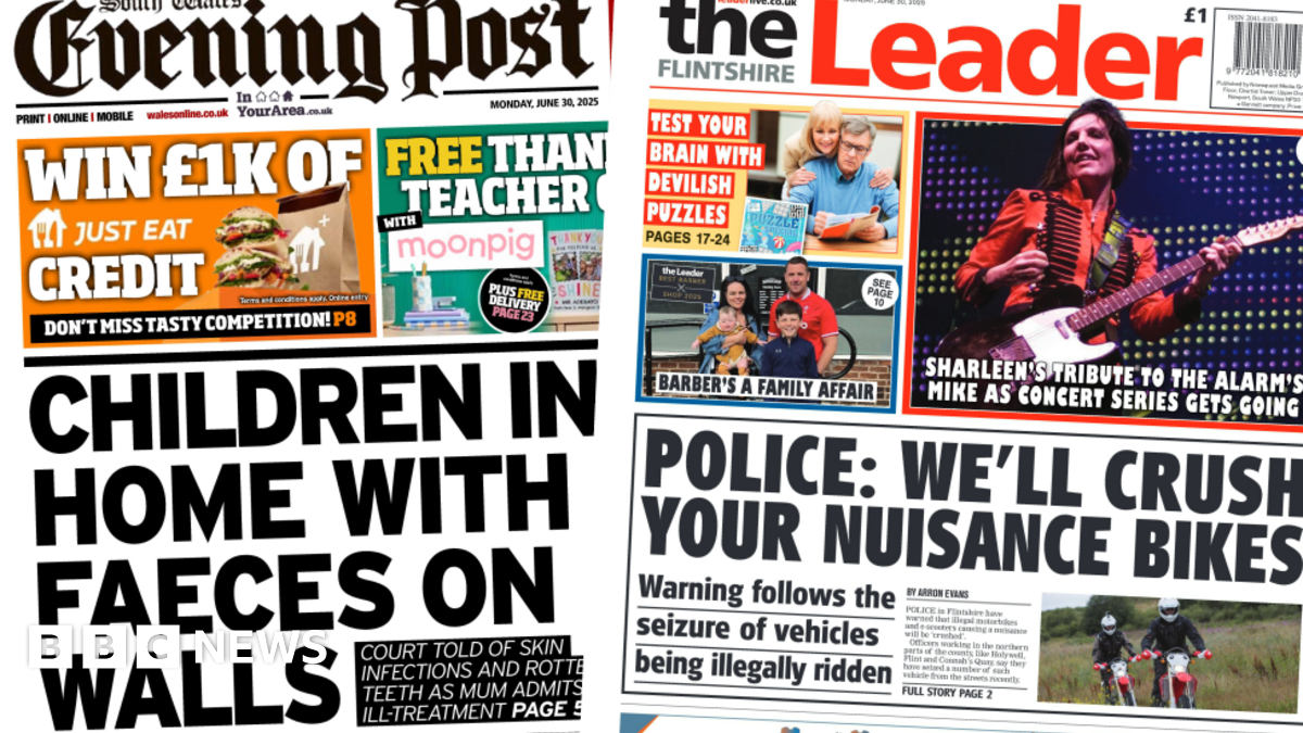 The Flintshire Leader newspaper front page shows main headline next to a photo of two people on motorbikes wearing helmets: 'Police: We'll crush your nuisance bikes'. Other headlines on the front page are: 'Sharleen's tribute to the Alarm's Mike as concert series gets along' and 'Barber's a family affair'.