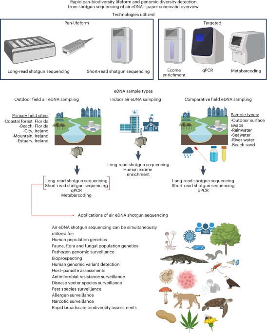 Shotgun sequencing of airborne eDNA achieves rapid assessment of whole biomes, population genetics and genomic variation