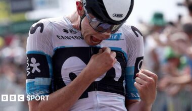 Ivan Romeo celebrates winning stage three of the 2025 Criterium du Dauphine