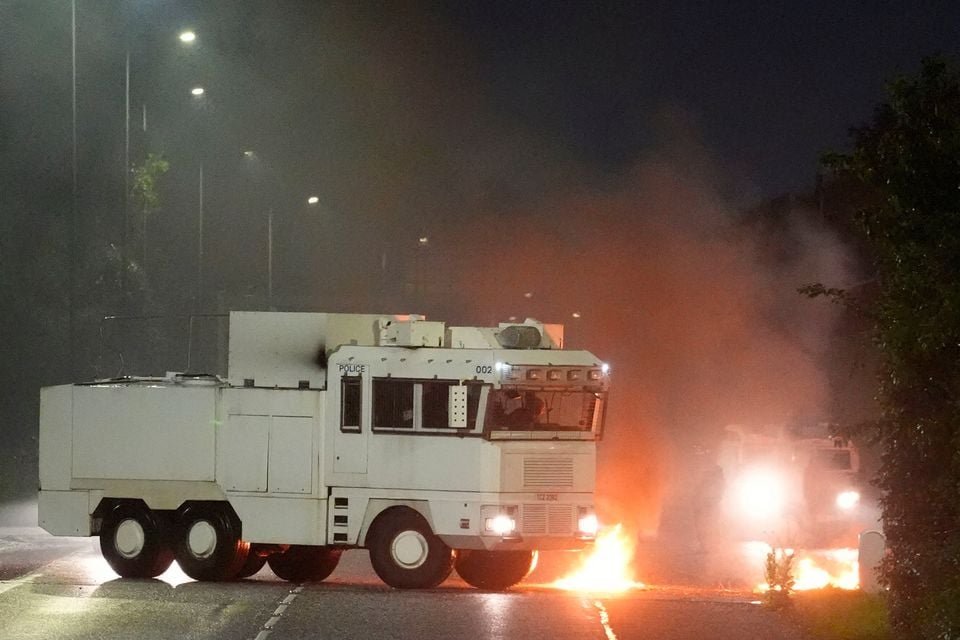 A water cannon vehicle at scene of a fire in Portadown in Co Armagh. Credit: Brian Lawless/PA wire