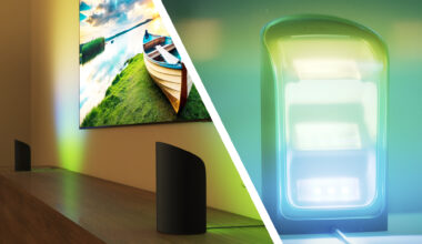 Split image showing Philips Hue Wall Washer set up beside TV, and close-up of Wall Washer alone