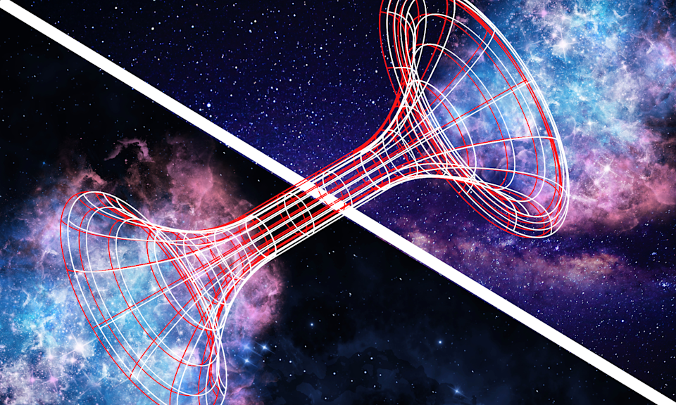 An illustration of matter pouring into a black hole, crossing an Einstein-Rosen bridge and emerging in another region of the universe