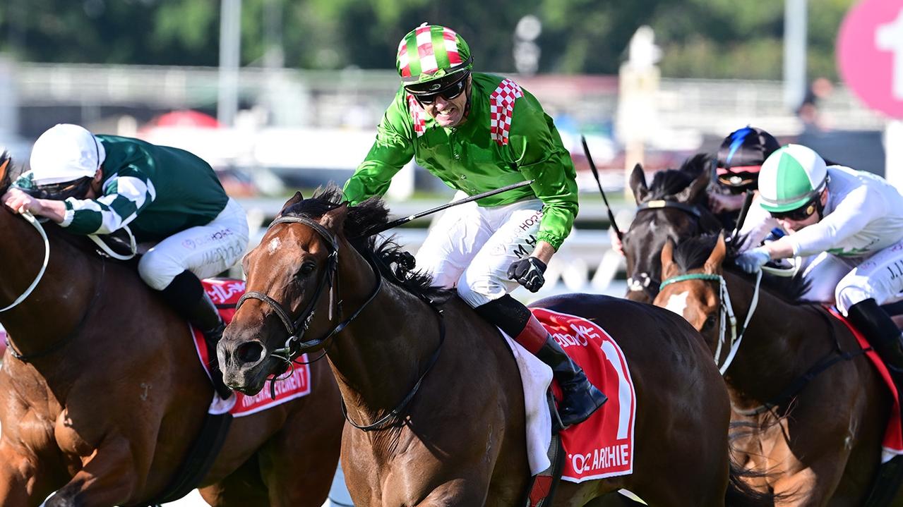 Martin Harley celebrates as Cool Archie takes out the Group 1 JJ Atkins at Eagle Farm on Saturday. Picture: Trackside Photography