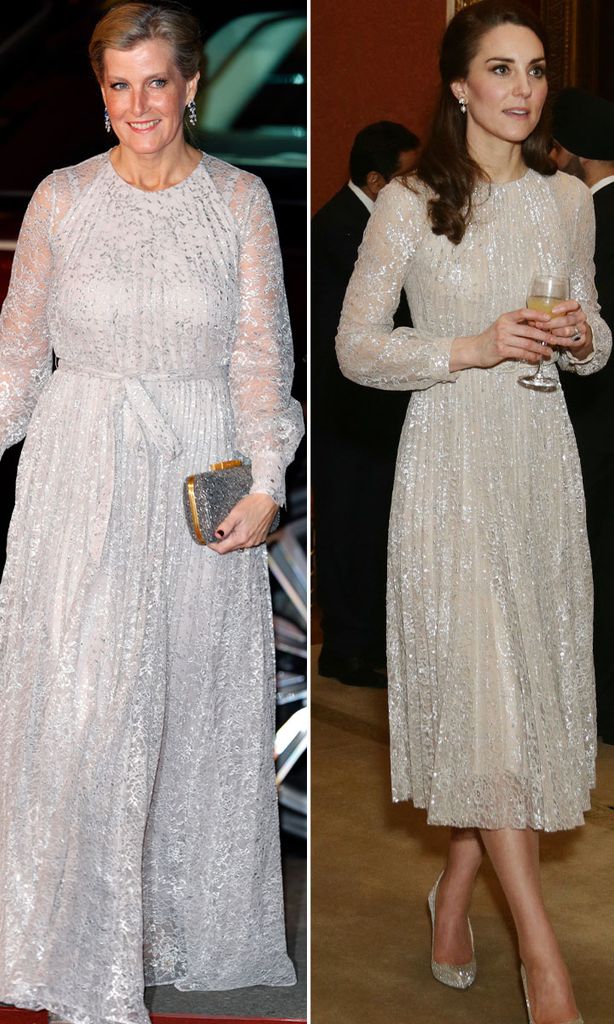 duchess sophie and princess kate wearing sparkly silver dresses