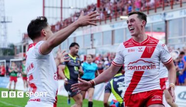 Hull KR's Jack Broadbent celebrates scoring one their first-half tries against Catalans Dragons