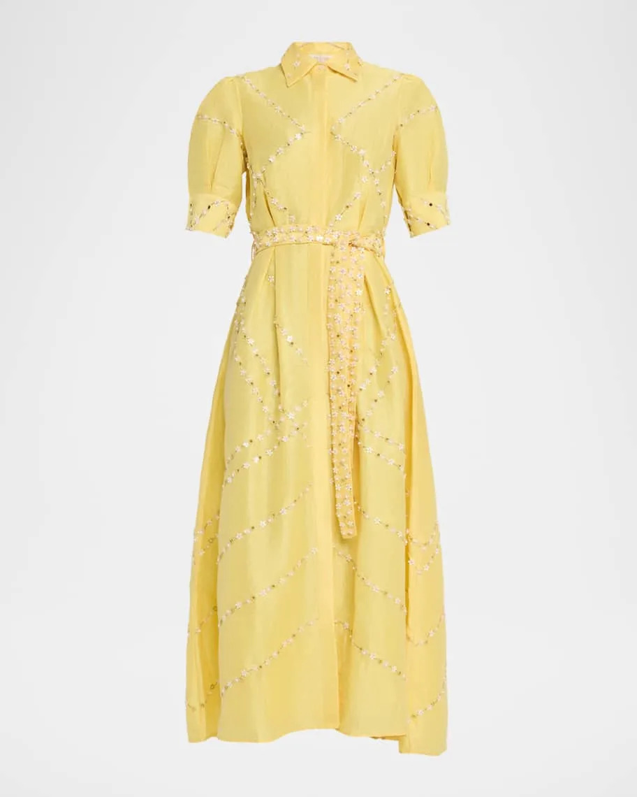 Embellished Organza Short-Sleeve Belted Midi Shirtdress