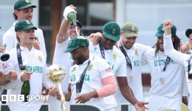 Pat Cummins, left, and Kagiso Rabada at the WTC final