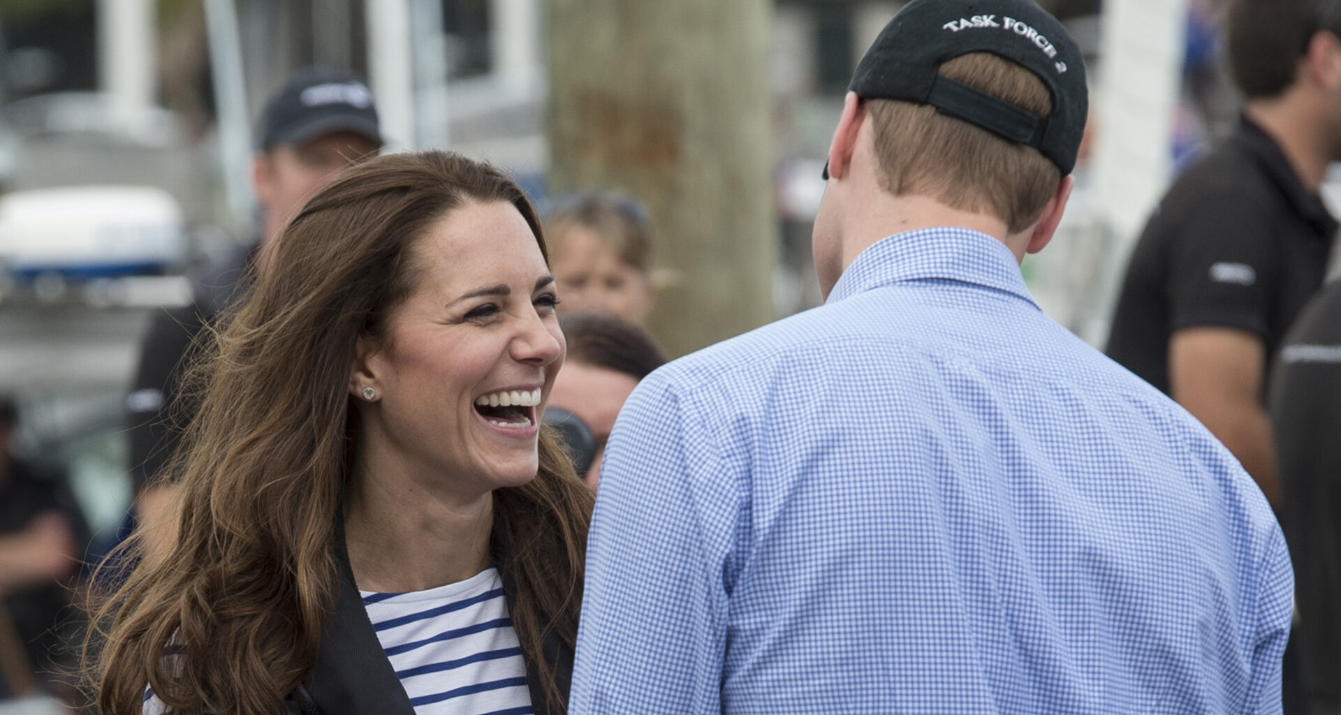 Kate Middleton and Prince William joke together after sailing during their visit to Auckland Harbour on April 11, 2014 in Auckland, New Zealand