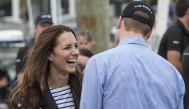 Kate Middleton and Prince William joke together after sailing during their visit to Auckland Harbour on April 11, 2014 in Auckland, New Zealand