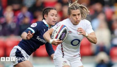 Claudia MacDonald of England breaks past Rhona Lloyd and Chloe Rollie of Scotland during the Guinness Women's Six Nations 2025 match